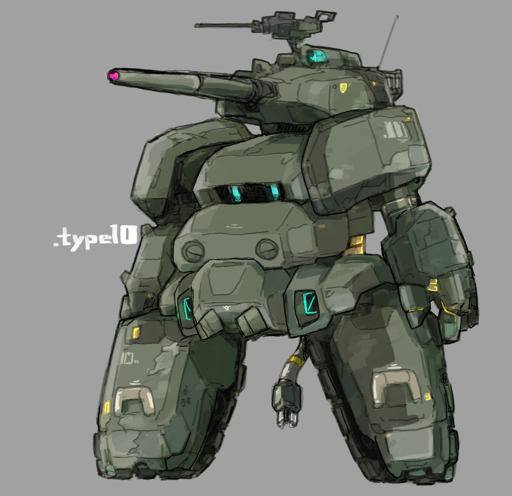 beru blue_eyes borrowed_character grey_background jgsdf_type_07_tank_nacchin looking_ahead mecha military no_humans open_hand original redesign robot standing turret