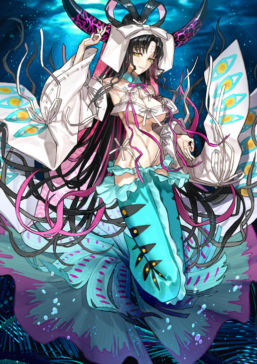 1girl air_bubble arm_up bikini black_hair black_horns blue_background blue_collar blue_tail bow-shaped_hair breasts bubble cleavage closed_mouth collar curtained_hair detached_sleeves facial_mark fake_tail fate/grand_order fate_(series) floating_hair forehead_mark full_body game_cg hair_bun hair_rings hand_up horns large_breasts legs_up long_hair long_ribbon long_sleeves looking_at_viewer mermaid_costume micro_bikini multi-strapped_bikini_top multicolored_hair narrow_waist navel official_art ok_sign panty_straps pink_streaks sessyoin_kiara sessyoin_kiara_(swimsuit_mooncancer) sessyoin_kiara_(swimsuit_mooncancer)_(third_ascension) side-tie_bikini_bottom smile solo streaked_hair swimsuit tail third-party_source two-sided_veil two-tone_hair underboob variant_set veil very_long_hair wada_arco white_bikini white_veil wide_sleeves