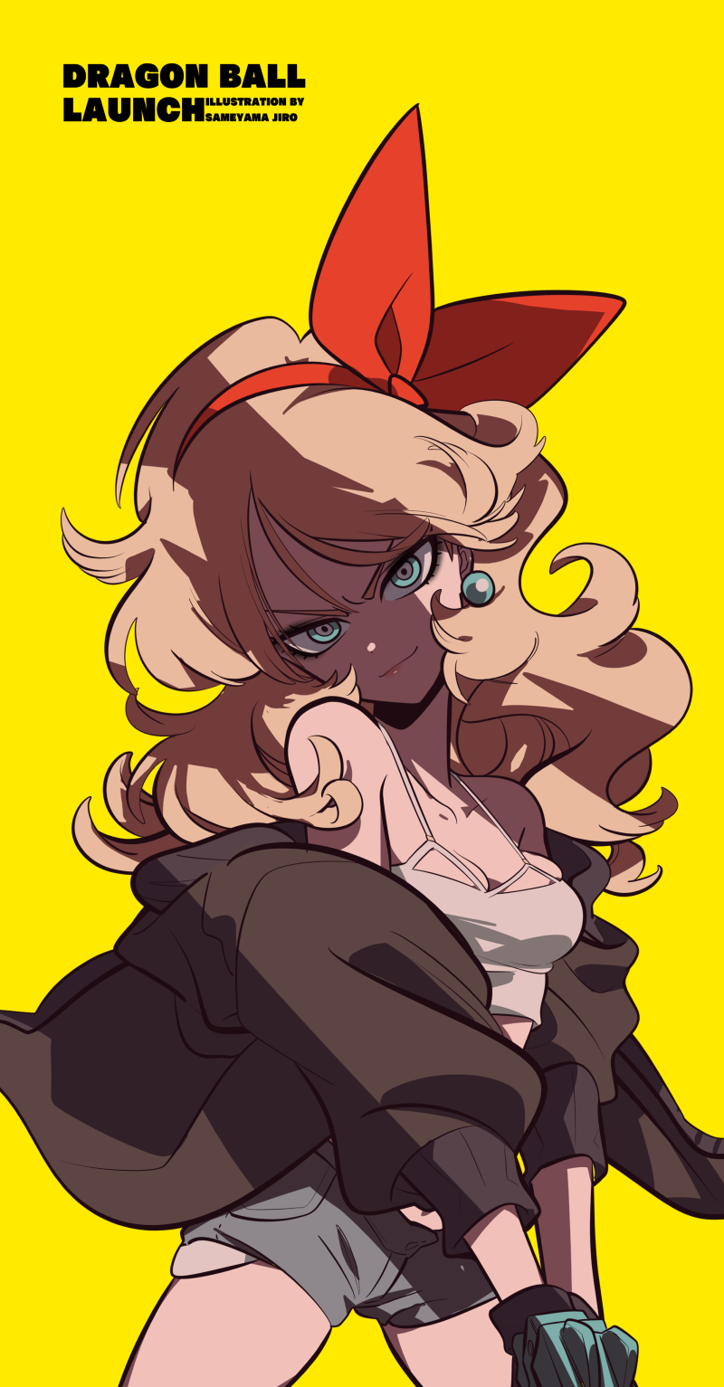 1girl artist_name bare_shoulders black_jacket blonde_hair blue_eyes breasts character_name cleavage closed_mouth collarbone commentary_request copyright_name cowboy_shot curly_hair denim denim_shorts dragon_ball dragon_ball_(classic) earrings gloves grey_eyes hair_ribbon head_tilt highres jacket jewelry legs_apart light_smile long_hair looking_at_viewer lunch_(bad)_(dragon_ball) lunch_(dragon_ball) medium_breasts midriff_peek multicolored_eyes red_ribbon ribbon sameyama_jiro shaded_face shirt short_shorts shorts simple_background smile solo spaghetti_strap standing tank_top thighs unworn_jacket v-shaped_eyebrows v_arms white_tank_top yellow_background