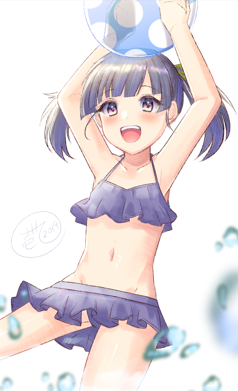 1girl arms_up ball beachball bikini bikini_skirt blush collarbone cosplay cowboy_shot dated female_focus flat_chest green_ribbon ittokyu kantai_collection kasumi_(kancolle) kasumi_(kancolle)_(cosplay) navel ooshio_(kancolle) outdoors purple_bikini purple_eyes purple_hair ribbon short_twintails signature simple_background solo swimsuit twintails water_drop white_background