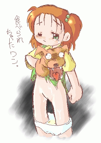 1girl artist_request blush brown_hair digimon digimon_tamers dress green_dress green_eyes hair_bobbles hair_ornament hand_puppet katou_juri loli one_eye_closed panties panty_pull pee pee_stain ponytail puppet pussy shirt short_hair short_sleeves side_ponytail sleeveless sleeveless_dress solo stained_panties standing torn_clothes torn_dress underwear white_background white_panties yellow_shirt