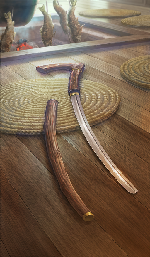 commentary_request fate/grand_order fate_(series) fire fire_pit fish_(food) lasengle no_humans official_art smoke smoke_trail still_life third-party_source unsheathed weapon weapon_focus weapon_request