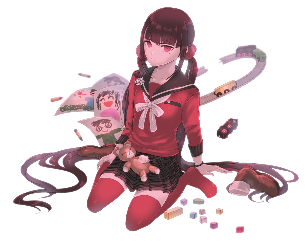 1girl black_sailor_collar boots bow bowtie bracelet brooch brown_boots brown_hair child&#039;s_drawing closed_mouth commentary_request crayon danganronpa_(series) danganronpa_v3:_killing_harmony eyelashes flower flower_brooch frown full_body hair_ornament hair_scrunchie hair_spread_out hand_on_own_ankle harukawa_maki jewelry long_hair long_sleeves looking_at_viewer low_twintails mole mole_under_eye pocket red_eyes red_scrunchie red_shirt red_thighhighs rose sailor_collar school_uniform scrunchie serafuku shirt shoe_loss simple_background sitting solo stuffed_animal stuffed_toy stuffing teddy_bear thighhighs toy_block toy_train twintails utou_(utousan) very_long_hair wariza white_background white_bow white_bowtie white_flower white_rose