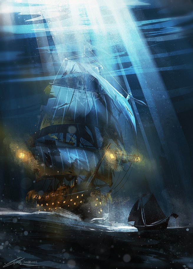 artist_name boat dark landscape lantern light_rays no_humans ocean original outdoors painterly pirate_ship sail sailboat scenery ship signature silhouette storm subsurface_scattering torn_sail water watercraft waves window_light zandra