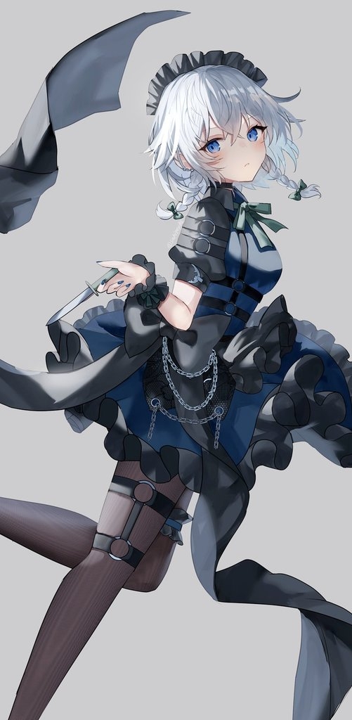 1girl alternate_costume alternate_headwear_color black_pantyhose blue_dress blue_eyes blue_nails bow bowtie braid chain closed_mouth commentary dress frilled_dress frilled_thigh_strap frills green_bow green_bowtie hair_bow holding holding_knife izayoi_sakuya knife long_hair maid_headdress pantyhose puffy_short_sleeves puffy_sleeves sakizaki_saki-p short_sleeves solo thigh_strap touhou twin_braids white_hair wrist_cuffs
