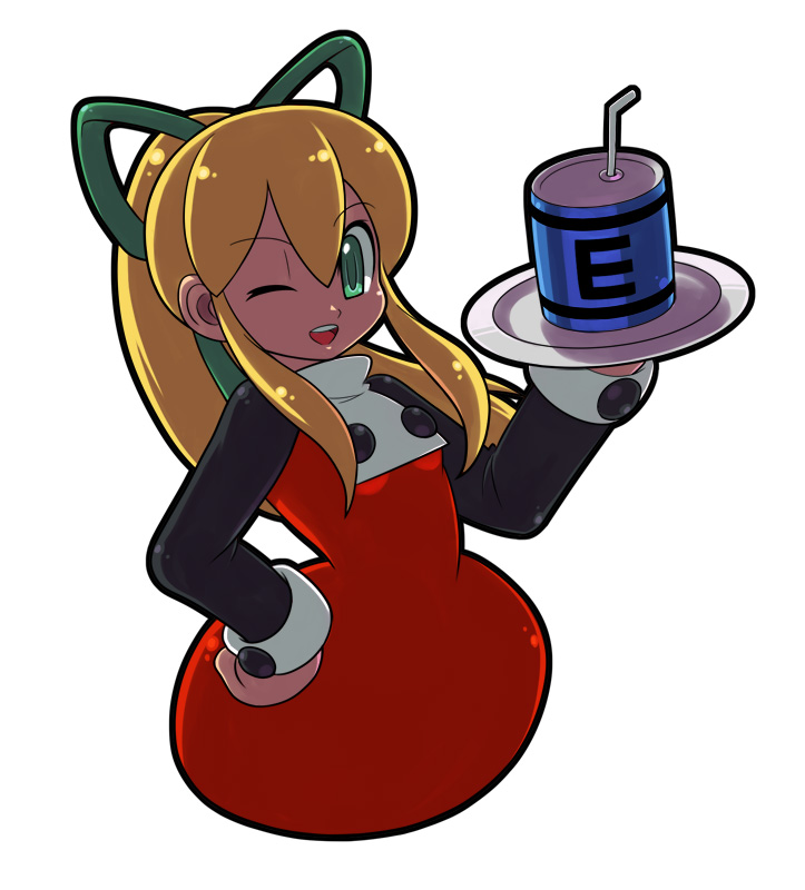 1girl android blonde_hair capcom energy_tank female_focus go! green_eyes hand_on_own_hip hip_focus mega_man_(classic) mega_man_(series) one_eye_closed red_skirt roll_(mega_man) skirt solo wink