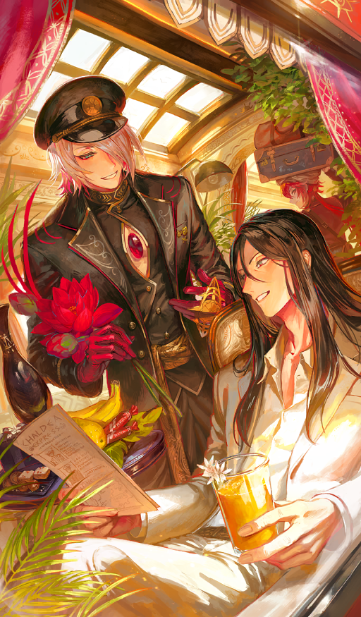 3boys aqua_eyes bag banana belt black_hair black_hat black_jacket black_pants black_vest box brass_knuckles brown_belt buttons candy chest_jewel cleavage_cutout clothing_cutout collared_shirt commentary crossed_legs cup dress_shirt drink dutch_angle egawa_akira english_text fate/grand_order fate_(series) flower flower_request food formal_clothes fruit garnish gloves grey_jacket grey_pants grey_suit hair_between_eyes hair_over_one_eye hat holding holding_cup holding_flower holding_paper jacket karna_(chaldea_express)_(fate) karna_(fate) lapels long_hair long_sidelocks looking_at_another looking_back lord_el-melloi_ii low_ponytail male_focus medium_hair multiple_boys notched_lapels official_alternate_costume official_art on_head one_eye_covered open_clothes open_jacket open_mouth pants paper partially_unbuttoned peaked_cap plant ponytail potted_plant rama_(fate) red_eyes red_flower red_gloves red_hair red_jacket sash shirt shoulder_belt sidelocks sitting skylight smile standing suit suit_jacket suitcase teeth third-party_source train_conductor train_interior vase vest waver_velvet weapon white_flower white_shirt white_turban wing_collar wrapped_candy yellow_sash