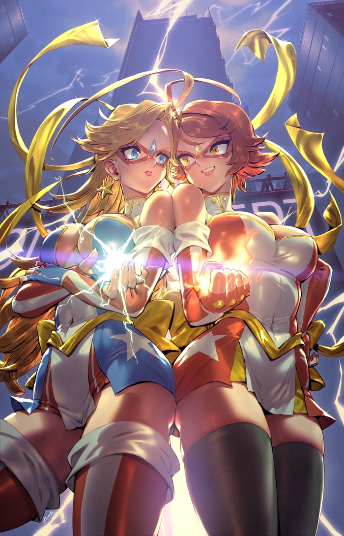 2girls american_flag american_flag_print blonde_hair blue_eyes breasts commentary earrings eye_mask fingerless_gloves flag_print gloves gold_bow jewelry kamen_america kamen_america_(comic) kamen_comet kionaoki lightning long_hair made_in_2023 multiple_girls short_hair smile star_(symbol) star_earrings superhero_costume