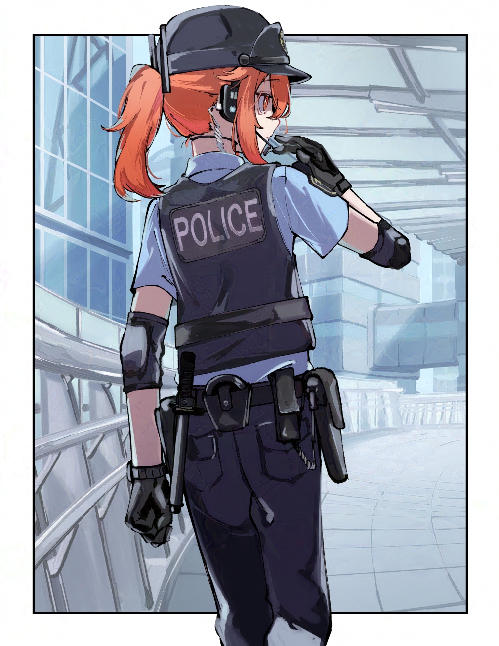 1girl a.i._voice adachi_rei belt belt_pouch black_belt black_gloves black_hat black_pants black_vest blue_shirt border bulletproof_vest collared_shirt commentary_request dress_shirt elbow_pads feet_out_of_frame from_behind gloves hand_up hat headset highres japan_national_police looking_to_the_side orange_hair outdoors pants parted_lips police police_hat police_uniform policewoman ponytail pouch shirt short_sleeves sidelocks solo teckinder utau vest white_border