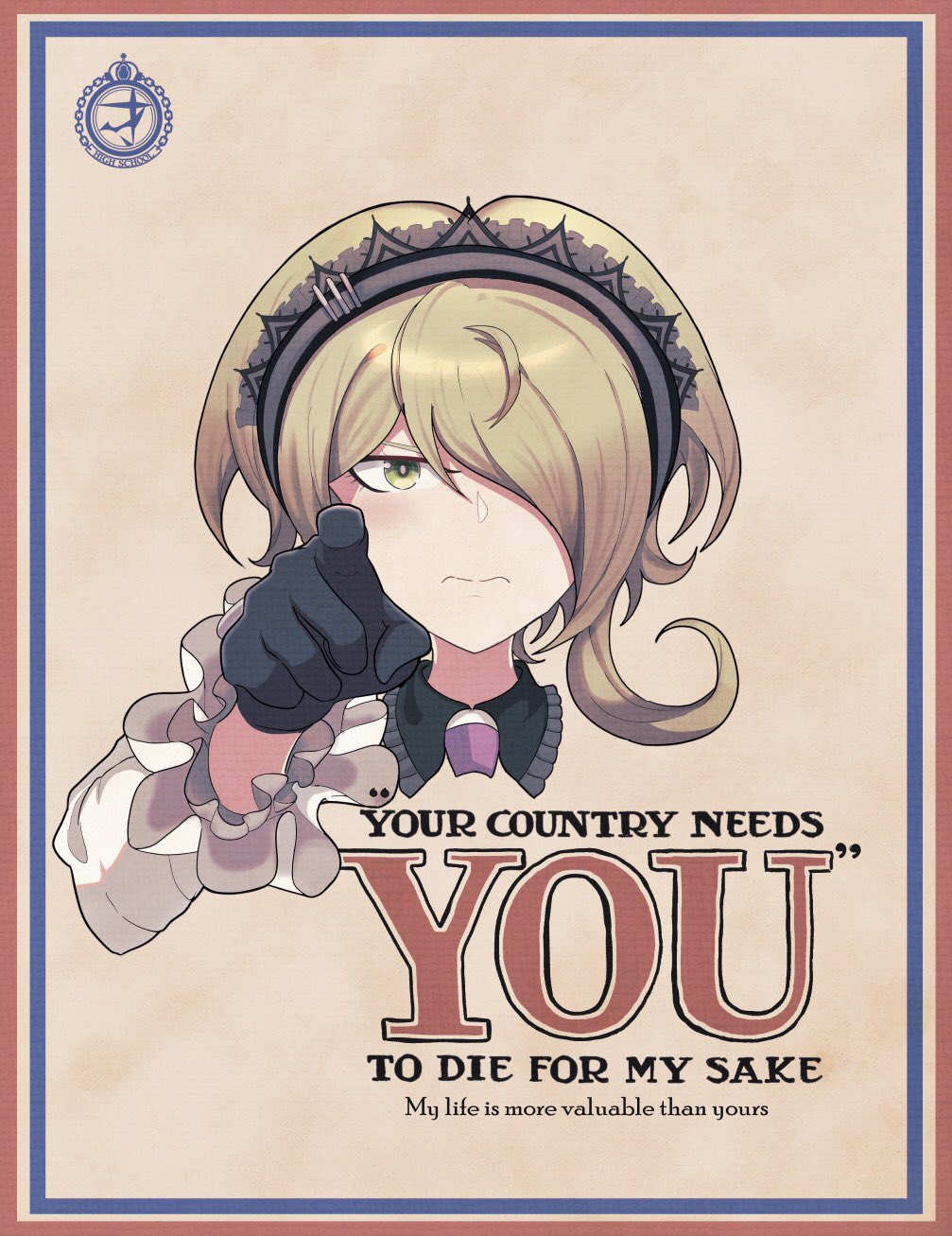 1girl black_gloves blonde_hair blush closed_mouth commentary danganronpa_(series) danganronpa_v3:_killing_harmony dress english_commentary frilled_sleeves frills gloves green_eyes grey_hairband hair_over_one_eye hairband highres lace-trimmed_hairband lace_trim long_sleeves looking_at_viewer necktie parody pinafore_dress pointing pointing_at_viewer portrait poster_(medium) poster_parody propaganda short_hair sleeveless sleeveless_dress solo soshu_(soshuscribbles) spider_web_print tojo_kirumi yellow_background