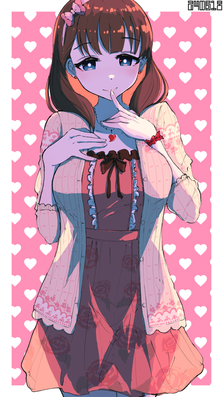 1girl blush bow_hairband breasts bright_pupils brown_hair commentary_request cowboy_shot dated dress earrings finger_to_mouth floral_print hairband hand_on_own_chest heart heart_background heart_necklace highres idolmaster idolmaster_cinderella_girls jacket jewelry koitusmile looking_at_viewer medium_breasts medium_hair necklace pink_dress sakuma_mayu smile solo stud_earrings two-tone_background white_jacket white_pupils