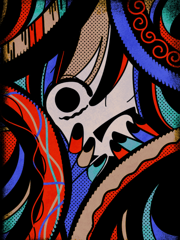 1girl colorful commentary_request fingerless_gloves gloves greek_commentary halftone hands_up looking_at_viewer machigami_yoh one_eye_covered open_mouth original solo