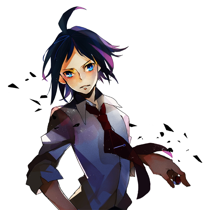 10s 10t_(1010) 1boy ahoge black_hair blue_eyes cheren_(pokemon) holding holding_poke_ball looking_at_viewer male_focus necktie nintendo poke_ball pokemon pokemon_bw2 short_hair simple_background solo