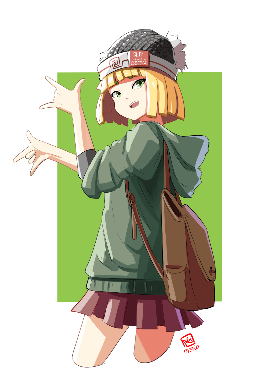 1girl arms_(game) automatic_giraffe backpack bag beanie blonde_hair blunt_bangs bob_cut cropped_legs green_eyes hat hood hoodie min_min_(arms) no_mask outside_border skirt solo