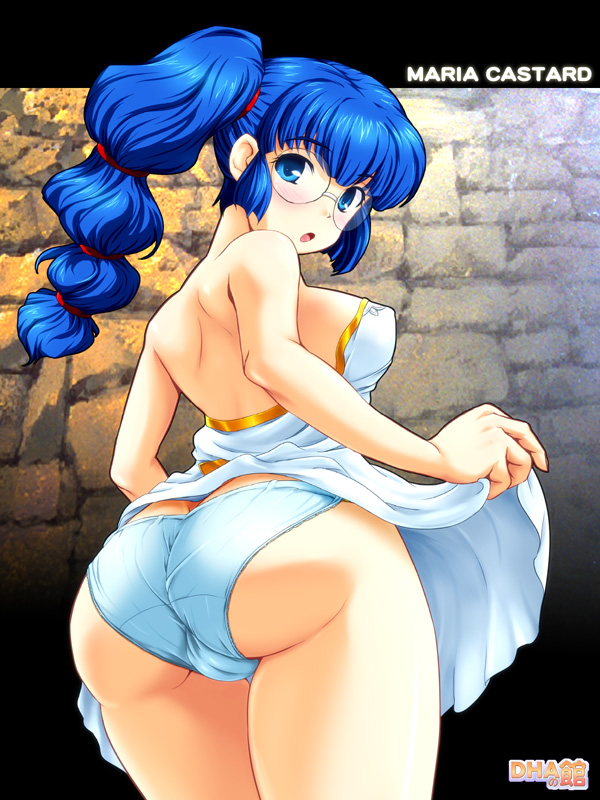 1girl artist_name ass back bare_arms bare_shoulders blue_hair blush breasts butt_crack cameltoe character_name clothes_lift cowboy_shot dha dress dress_lift female_focus flashing from_behind glasses legs_together lifting_own_clothes long_hair looking_at_viewer looking_back maria_custard medium_breasts no_bra panties pantyshot photo_background ponytail rance_(series) sengoku_rance side_ponytail sidelocks solo standing stone_wall strapless strapless_dress underwear wall white_dress white_panties