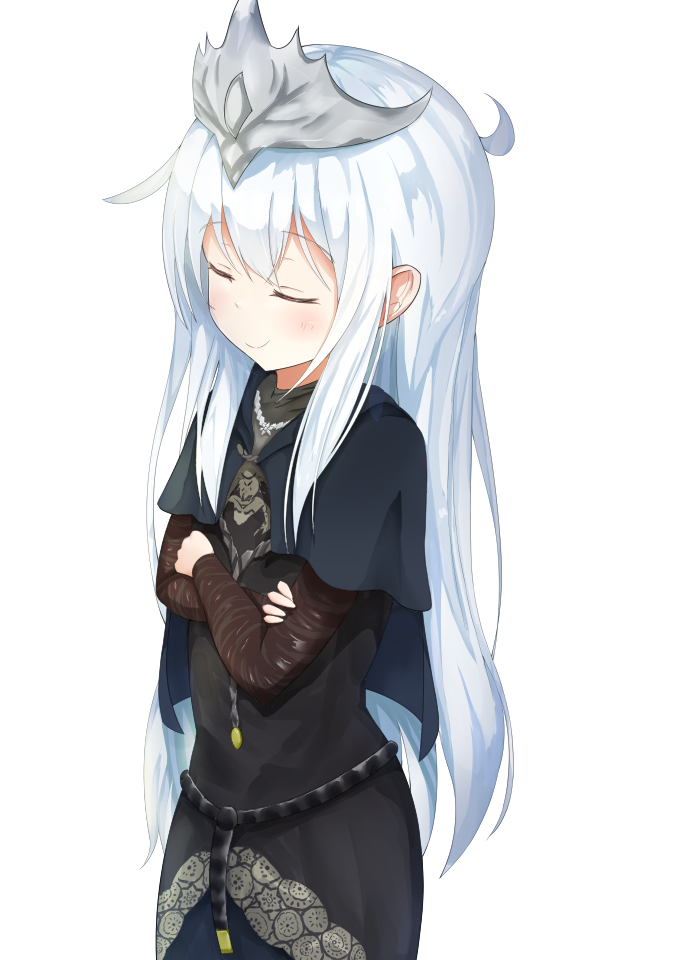 1girl alternate_costume capelet closed_eyes cosplay crossed_arms crown dark_souls_(series) dark_souls_iii female_focus fire_keeper fire_keeper_(cosplay) hibiki_(kancolle) kantai_collection kiomota long_hair silver_hair solo very_long_hair