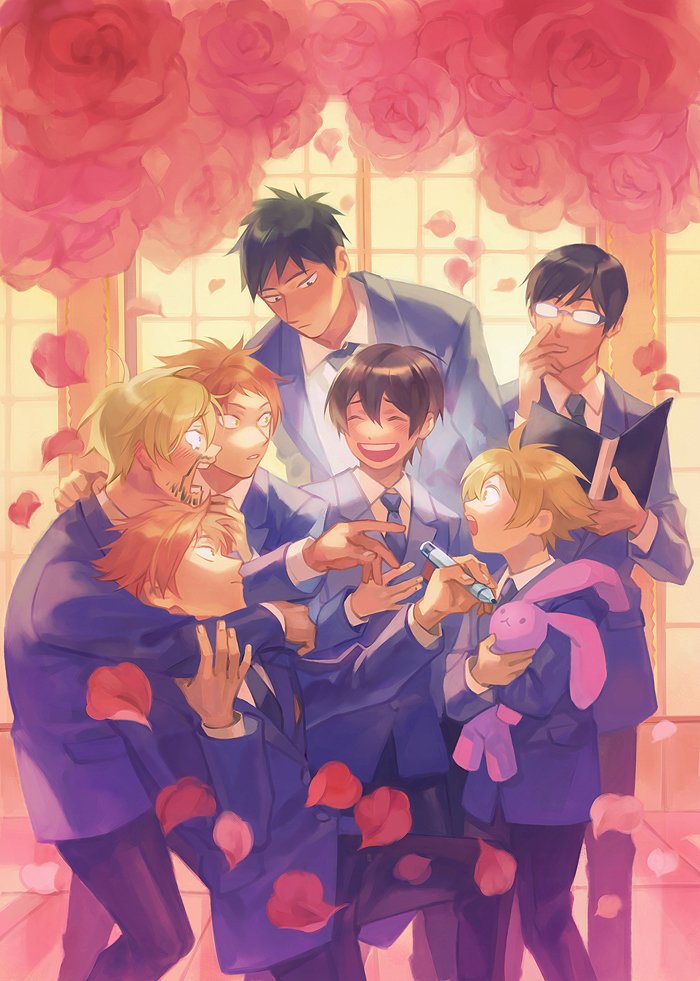 1girl 6+boys arm_around_neck black_hair black_pants blonde_hair blue_jacket blue_necktie brown_hair closed_eyes collared_shirt crossdressing falling_petals flower fujioka_haruhi glasses hair_between_eyes hand_on_own_face haninozuka_mitsukuni hitachiin_hikaru hitachiin_kaoru holding holding_marker holding_stuffed_toy ink_on_face jacket loveariddle marker morinozuka_takashi multiple_boys necktie ootori_kyouya open_mouth orange_hair ouran_high_school_host_club ouran_high_school_uniform pants parted_lips petals red_flower red_petals red_rose rose school_uniform shirt short_hair siblings smile stuffed_animal stuffed_rabbit stuffed_toy suit_jacket suou_tamaki swept_bangs tears twins upper_body white_shirt