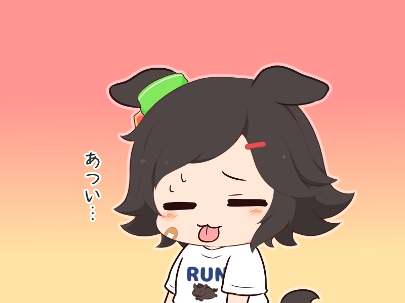 1girl animal_ears bandaid bandaid_on_cheek bandaid_on_face black_hair blush bow chibi chibi_only closed_eyes closed_mouth clothes_writing commentary ear_ribbon gomashio_(goma_feet) gradient_background green_ribbon hair_ornament hairclip horse_ears horse_girl horse_print horse_tail print_shirt red_background ribbon shirt short_hair short_sleeves solo tail tongue tongue_out translated two-tone_background umamusume white_shirt winning_ticket_(umamusume) yellow_background