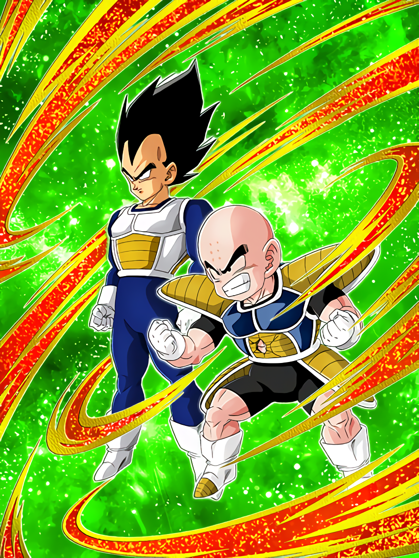 2boys bald bald_male black_eyes black_hair dokkan_battle dragon_ball dragonball_z kuririn multiple_boys muscular muscular_male official_art saiyan_armor serious vegeta