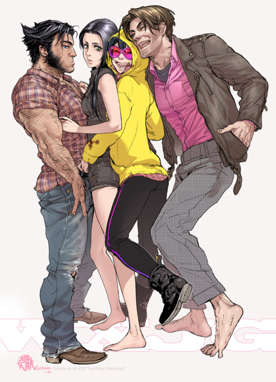 10s 2boys 2girls animification barefoot black_hair boots brown_hair closed_eyes fangs father_and_daughter gambit hood hoodie jubilee marvel multiple_boys multiple_girls ricken shoes standing sunglasses unmoving_pattern vampire wolverine_(x-men) x-23 x-men