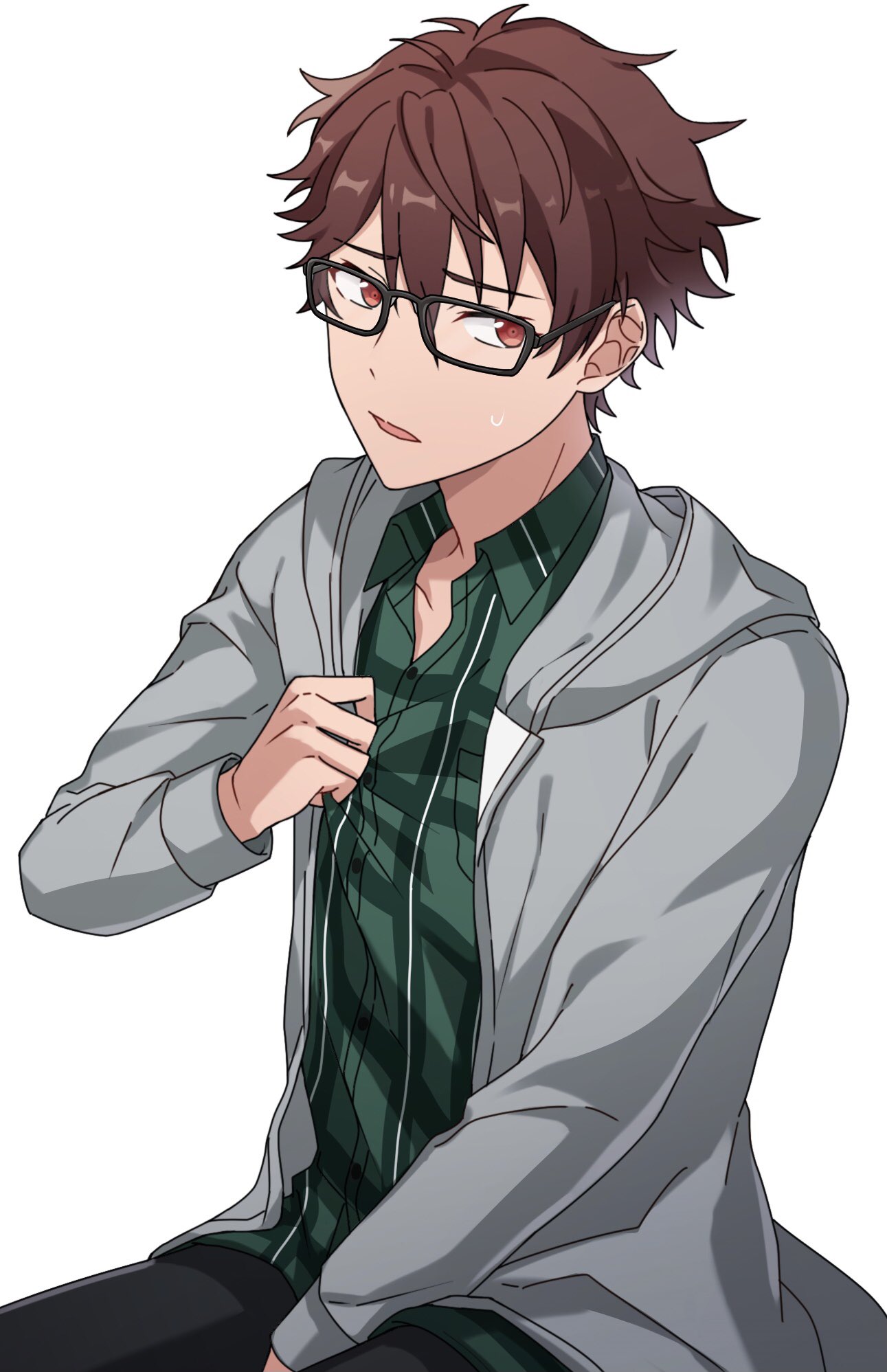 1boy black-framed_eyewear brown_eyes brown_hair collared_shirt commentary dress_shirt ensemble_stars! glasses grey_jacket hand_up highres hood hood_down hooded_jacket jacket long_sleeves male_focus morisawa_chiaki my_(highper27) open_clothes open_jacket open_mouth shirt short_hair sideways_glance simple_background solo white_background