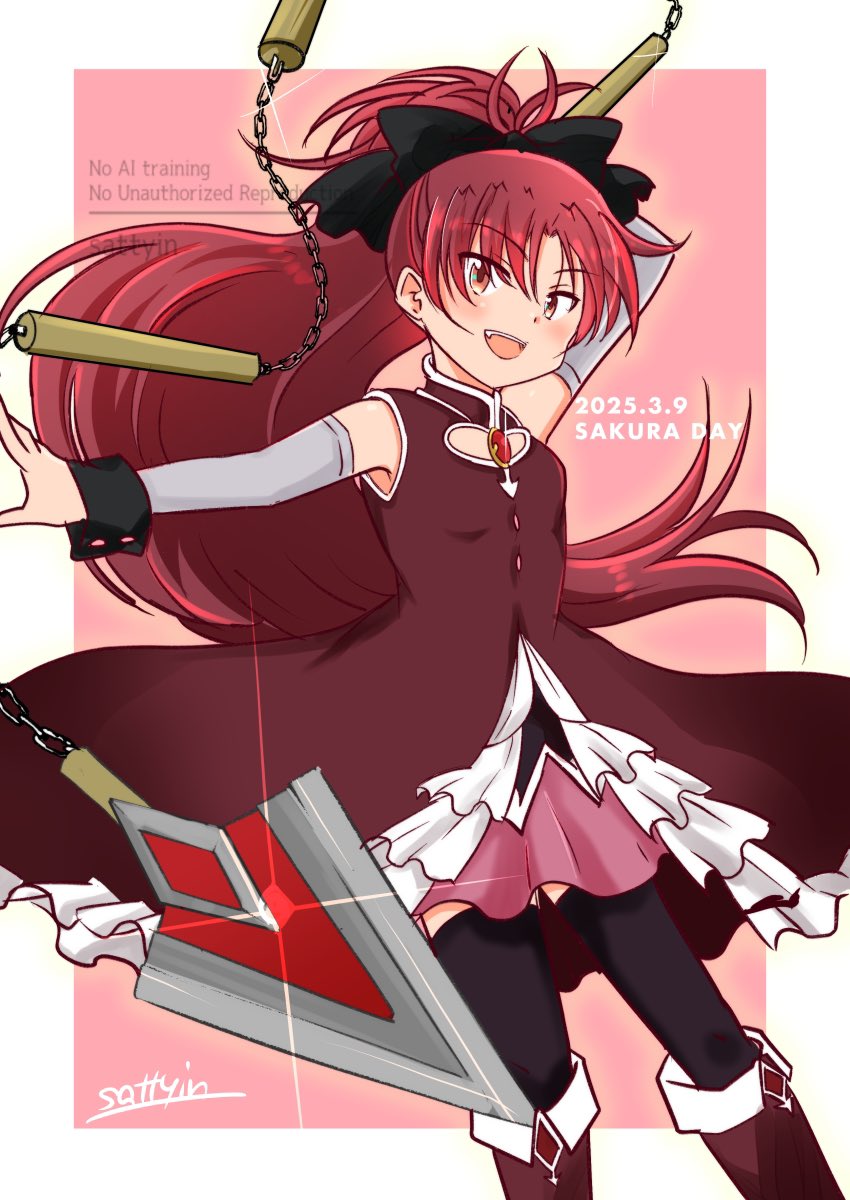 1girl artist_name bare_shoulders black_thighhighs boots dated detached_sleeves dress frilled_dress frills high-low_dress highres knee_boots long_hair looking_at_viewer magical_girl mahou_shoujo_madoka_magica mahou_shoujo_madoka_magica_(anime) open_mouth pink_skirt polearm ponytail red_boots red_dress red_eyes red_hair sakura_kyoko sakura_kyoko_(magical_girl) sattyin skirt sleeveless sleeveless_dress solo soul_gem thighhighs weapon