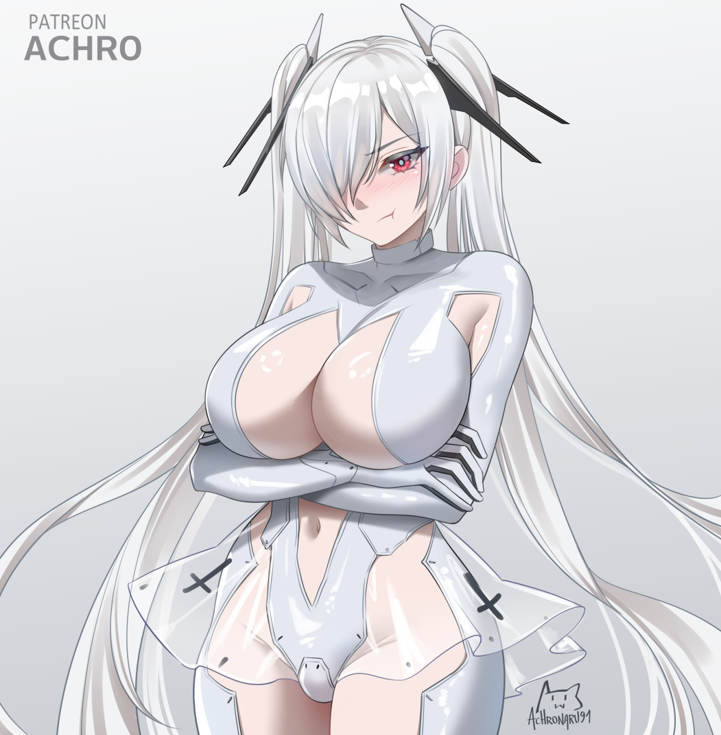 1girl :t achromaru armpit_cutout blush bodysuit breasts cinderella_(nikke) cleavage cleavage_cutout closed_mouth clothing_cutout crossed_arms dress gloves goddess_of_victory:_nikke hair_over_one_eye large_breasts leg_cutout long_hair navel navel_cutout one_eye_covered pout red_eyes see-through_bodysuit see-through_clothes see-through_dress see-through_skirt shiny_eyes simple_background skirt solo stomach_cutout twintails very_long_hair white_background white_bodysuit white_hair