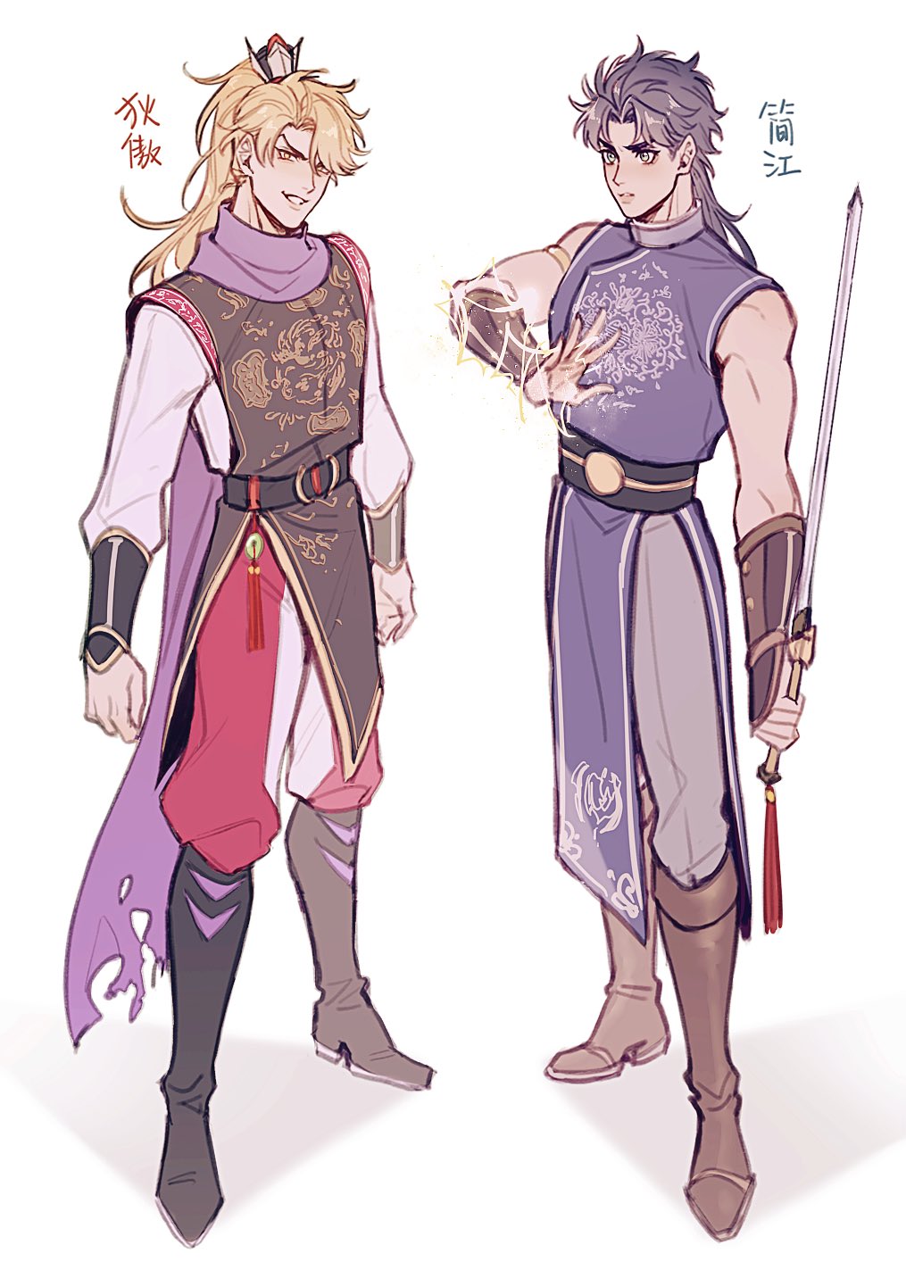 2boys adapted_costume alternate_costume blonde_hair blue_eyes blue_hair boots chinese_clothes commentary_request dio_brando electricity full_body grin hako_iix07 hamon highres holding holding_sword holding_weapon jian_(weapon) jojo_no_kimyou_na_bouken jonathan_joestar long_sleeves looking_at_viewer male_focus multiple_boys phantom_blood ponytail purple_scarf scarf smile sword weapon yellow_eyes