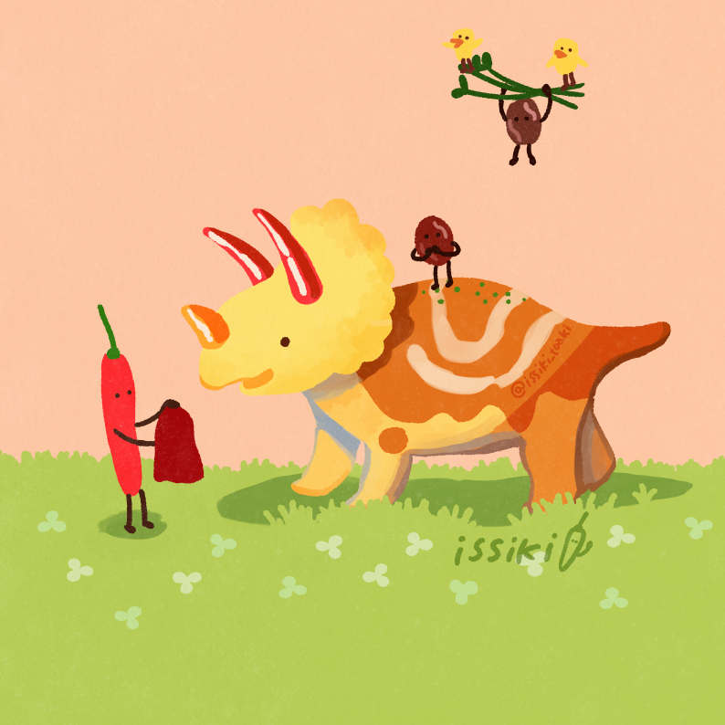 animal animal_focus artist_name baby_animal bird black_eyes chick flower food from_side grass holding issiki_toaki no_humans open_mouth original pink_background signature simple_background smile standing triceratops twitter_username variant_set