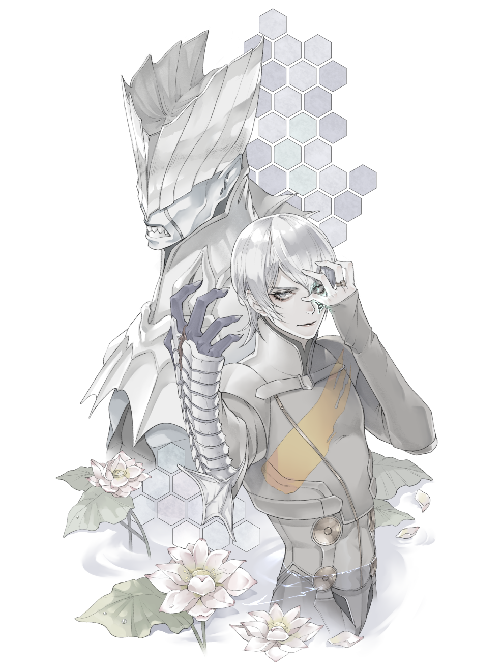 1boy back-to-back bishounen bodysuit demon digital_devil_saga eyelashes facial_tattoo fangs fangs_out flower grey_bodysuit grey_eyes hair_between_eyes hand_over_eye highres honeycomb_(pattern) jewelry looking_at_viewer partially_submerged petals petals_on_liquid ring ryokuyuu serious serph short_hair standing tattoo varuna_(digital_devil_saga) water white_background white_flower white_hair