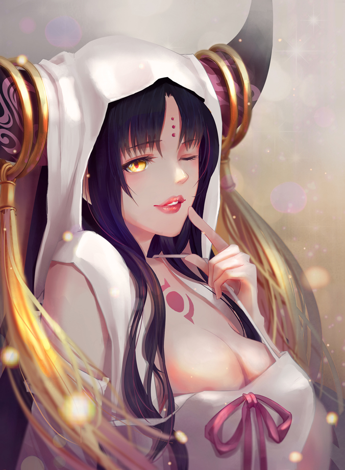 1girl arm_at_side black_hair black_horns blurry bokeh breasts chest_tattoo cleavage commentary depth_of_field dress facial_mark fate/extra fate/extra_ccc fate/grand_order fate_(series) finger_to_mouth forehead_mark grin hand_up horn_ornament horn_ring horns large_breasts lips long_hair looking_at_viewer multicolored_horns one_eye_closed parted_bangs pink_horns pink_lips pink_ribbon ribbon serra sessyoin_kiara sessyoin_kiara_(heaven&#039;s_hole) sessyoin_kiara_(third_ascension) sidelocks smile solo tassel tattoo upper_body veil white_dress white_veil yellow_eyes