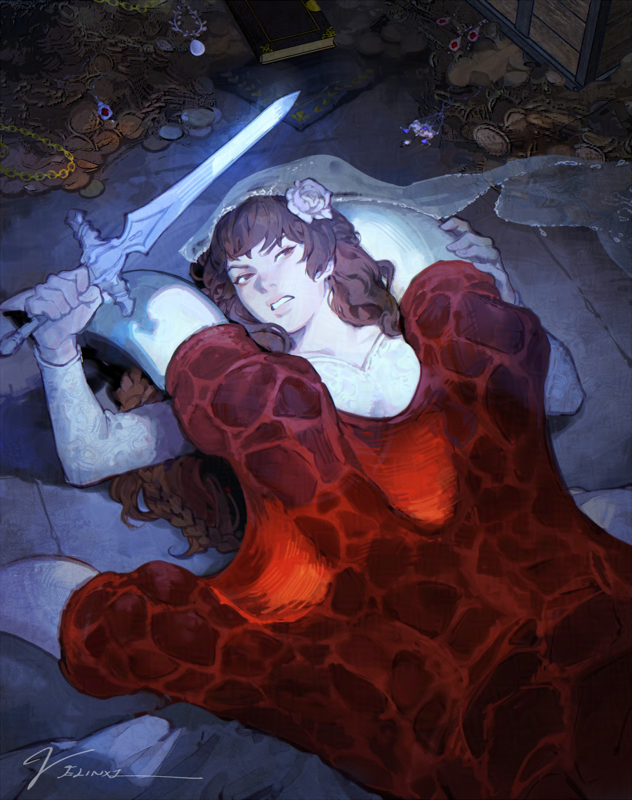 1girl book breasts bridal_veil brown_hair cleavage coin commentary dragon dress english_commentary flower frown hair_flower hair_ornament holding holding_sword holding_weapon long_hair original restrained sword treasure treasure_chest veil velinxi weapon wedding_dress white_dress