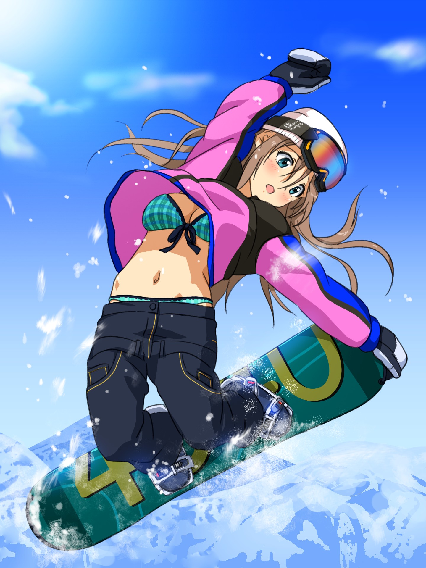 1girl :o beanie blue_eyes blue_sky blush bow bow_bra bra bra_peek breasts brown_hair cleavage coat eyewear_on_head female_focus gloves goggles goggles_on_head green_bra green_panties hat highres in_air long_sleeves midriff midriff_peek navel open_mouth original panties pants panty_peek pink_shirt plaid_bra plaid_clothes plaid_panties plaid_underwear print_bra print_clothes print_panties print_underwear sanshita shirt sky snow snowboard snowboarding solo underwear underwear_peek upshirt white_hat