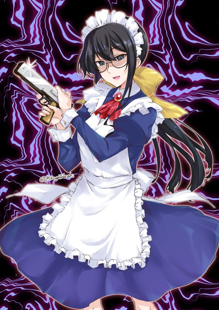 1girl alternate_costume alternate_hairstyle andou_mahoro andou_mahoro_(cosplay) apron ascot aura black-framed_eyewear black_hair blue_dress bow brooch commentary_request cosplay cowboy_shot dress empty_eyes enmaided female_focus frilled_apron frills green_eyes gun jewelry kantai_collection kawasumi_ayako long_hair low_ponytail mahoromatic maid maid_headdress mikage_takashi ooyodo_(kancolle) open_mouth ponytail semi-rimless_eyewear solo under-rim_eyewear voice_actor_connection weapon weapon_request white_apron yellow_bow