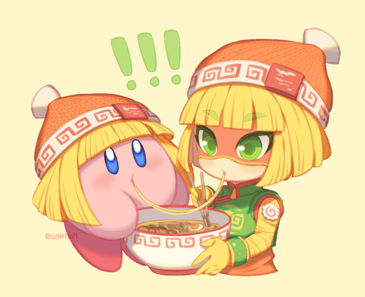 arms_(game) beanie blonde_hair bowl bracelet eating eye_mask food green_eyes hat jewelry kirby kirby_(series) min_min_(arms) nintendo noodles ramen short_hair super_smash_bros. wusagi2