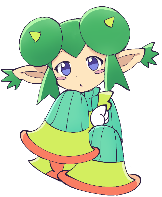 1girl :o aqua_sweater bell_sleeves blush_stickers brooch cropped_torso deformed donut_hair_bun ear_tufts green_hair green_overalls hair_bun jewelry lidelle_(puyopuyo) looking_afar no_pupils official_style orange_trim overalls parted_lips pointy_ears purple_eyes puyopuyo puyopuyo_20th_anniversary rasu_(pixiv9799832) short_hair sidelocks simple_background sleeves_past_wrists solo split_mouth sweater tachi-e turtleneck turtleneck_sweater upper_body v-bangs white_background wing_brooch