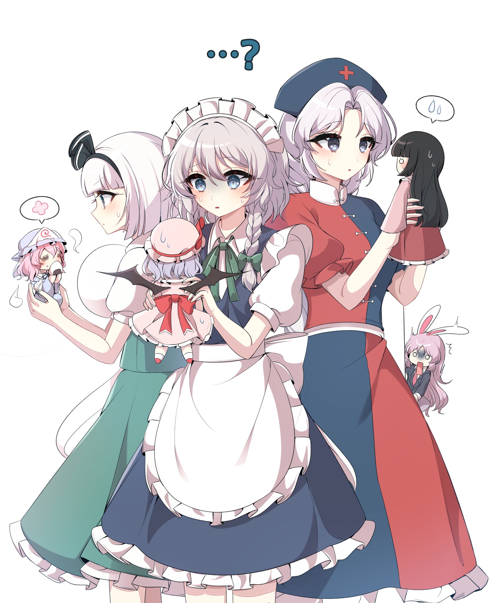 ...? 6+girls :o animal_ears apron bat_wings black_hairband black_jacket black_ribbon blazer blue_eyes blue_kimono blue_skirt blue_vest blunt_bangs blunt_ends bob_cut braid braided_ponytail chibi closed_eyes collared_shirt commentary_request eating eyebrows_hidden_by_hair eyelashes facing_to_the_side feet_out_of_frame food frilled_skirt frills green_ribbon green_skirt green_vest hair_between_eyes hair_ribbon hairband hat hat_ribbon highres hime_cut hitodama holding holding_food houraisan_kaguya izayoi_sakuya jacket japanese_clothes jaw_drop kimono konpaku_youmu konpaku_youmu_(ghost) korean_commentary light_blush long_hair long_skirt long_sleeves maid_headdress medium_hair mob_cap multicolored_shirt multicolored_skirt multiple_girls necktie nurse_cap onigiri parted_bangs peeking_out pink_hair pink_shirt pink_skirt ponytail puffy_short_sleeves puffy_sleeves rabbit_ears red_footwear red_necktie red_ribbon red_sash reisen_udongein_inaba remilia_scarlet ribbon saigyouji_yuyuko sash shirt short_hair short_sleeves side_braid simple_background sitting skirt skirt_set socks speech_bubble standing staring surprised sweat touhou triangular_headpiece umyo_(uu_o3o_8) vest waist_apron white_background white_shirt white_socks wings yagokoro_eirin