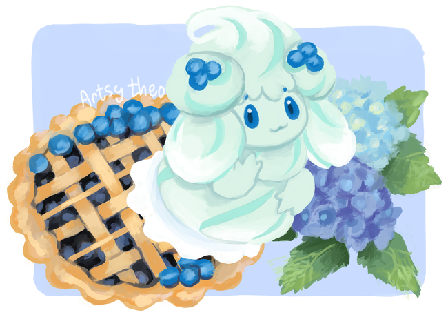 :3 alcremie alcremie_(berry_sweet) alcremie_(mint_cream) artsy-theo blue_background blue_eyes blueberry closed_mouth commentary creature english_commentary flower food food_focus fruit full_body gen_8_pokemon looking_at_viewer nintendo no_humans pie pokemon pokemon_(creature) signature simple_background solo