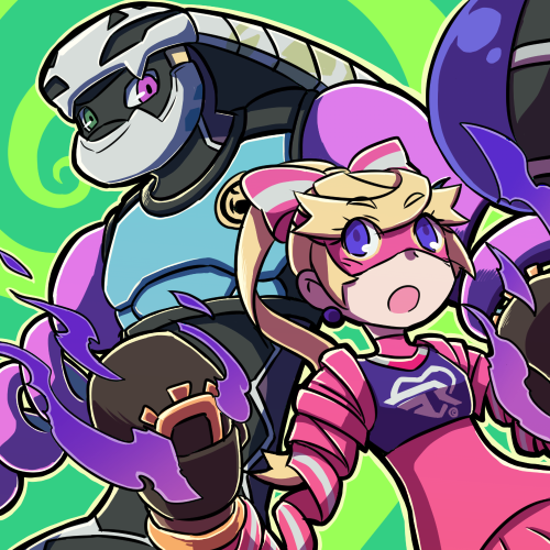 1boy 1girl arms_(game) arms_up blonde_hair blue_eyes domino_mask green_background green_eyes helmet heterochromia hitohito kid_cobra looking_at_another lowres mask nintendo open_mouth purple_eyes ribbon_girl_(arms) upper_body