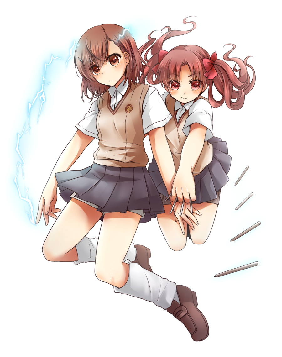 2girls between_fingers brown_eyes brown_hair electricity electrokinesis holding ichiru kneehighs long_hair misaka_mikoto mita_(matsuri68) multiple_girls school_uniform serafuku shirai_kuroko short_hair shorts socks sweater_vest toaru_kagaku_no_railgun toaru_majutsu_no_index twintails v-neck