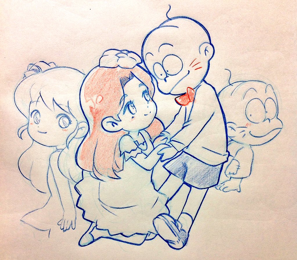 10s 1boy 1girl bad_id bad_twitter_id bald bow bowtie chibita child colored_pencil_(medium) dress dual_persona facial_mark flower flower_fairy_(osomatsu-kun) flower_girl_(osomatsu-kun) hair_flower hair_intakes hair_ornament holding_hands looking_at_another matsumoto_(5okuen) osomatsu-kun osomatsu-san osomatsu_(series) projected_inset shorts sketch smile traditional_media whisker_markings