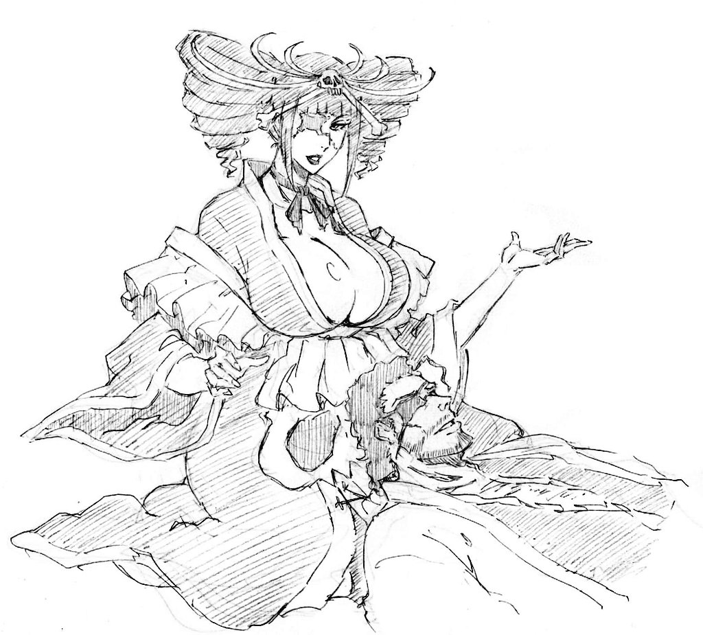 1boy 1girl bleach bleach:_sennen_kessen-hen blunt_bangs bone_hair_ornament breasts cleavage drill_hair eyepatch facial_hair greyscale hair_ornament huge_breasts japanese_clothes katen_kyoukotsu kimono kneeling kyouraku_shunsui lap_pillow large_breasts layered_kimono lipstick long_sleeves lying makeup mature_female monochrome neck_ribbon rakusakugk ribbon sketch skull_and_crossbones skull_hair_ornament twin_drills wide_sleeves