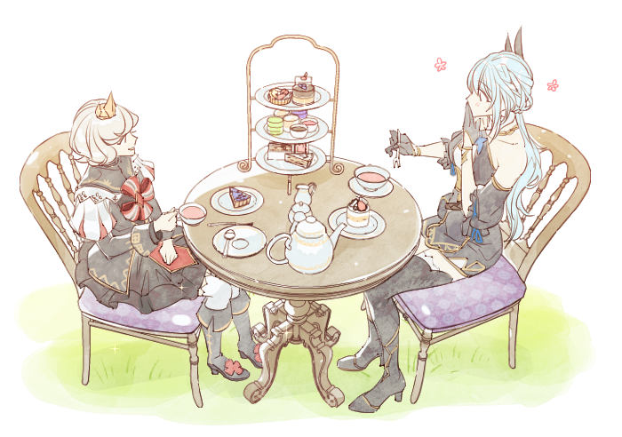 2girls bare_shoulders cake cup eremon_(mabinogi) etain_(mabinogi) flower food mabinogi multiple_girls outdoors rian_(bdl) tea_party teacup teapot