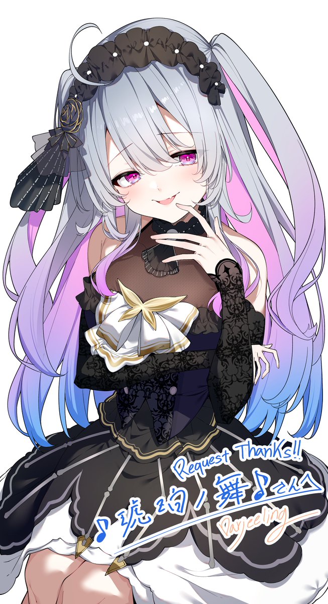 1girl ahoge bare_shoulders black_dress black_headdress blue_hair blush commission commissioner_name darjeeling_(reley) dress fang finger_to_mouth gradient_hair grey_hair hair_ornament highres long_hair looking_at_viewer multicolored_hair open_mouth owarino_mukuro pink_hair purple_eyes second-party_source signature simple_background sitting skeb_commission sleeveless sleeveless_dress solo specialite_(company) thank_you two_side_up virtual_youtuber white_background