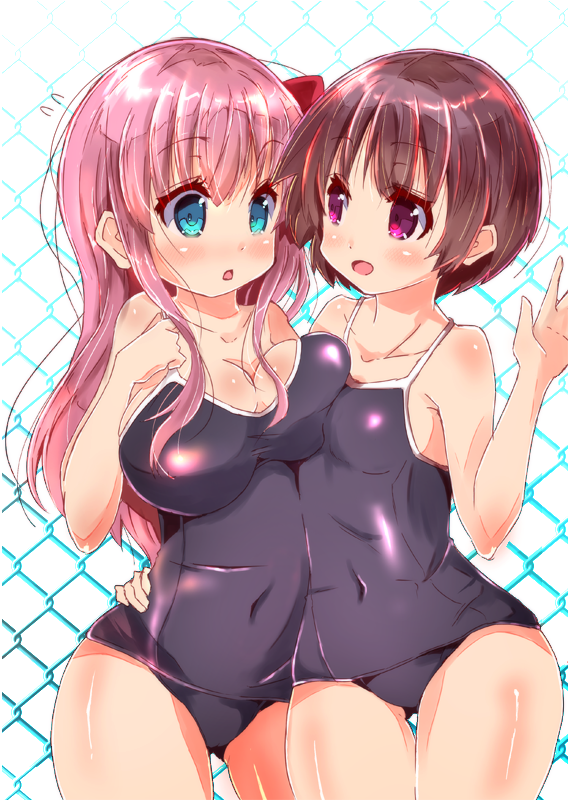 2girls arm_around_waist blue_eyes bow breasts brown_hair chain-link_fence cleavage collarbone covered_navel cowboy_shot day fence hair_bow haramura_nodoka large_breasts light_blush long_hair looking_at_another medium_breasts miyanaga_saki multiple_girls one-piece_swimsuit open_mouth outdoors pink_hair purple_eyes saki_(manga) short_hair smile swimsuit tom_q_(tomtoq) yuri