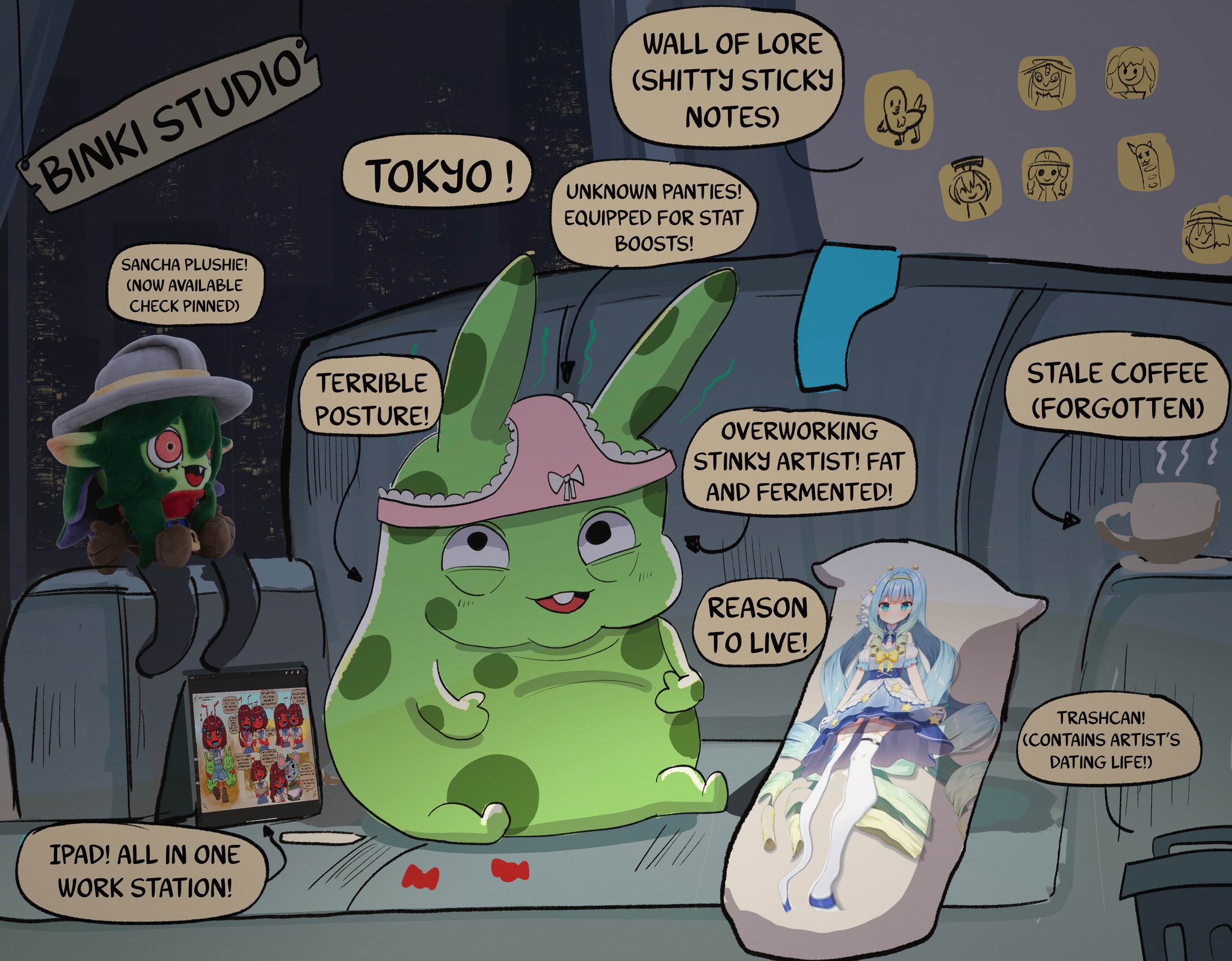 ant_girl artist_self-insert basedbinkie cat_baguette_(popopoka) character_request coffee commentary couch dakimakura_(object) dakota_(basedbinkie) dickbutt english_commentary fumo_(doll) highres ipad object_on_head original panties panties_on_head pillow polka_dot sancha_gobzales_(basedbinkie) solo sticker stuffed_toy tablet_pc trash_can underwear