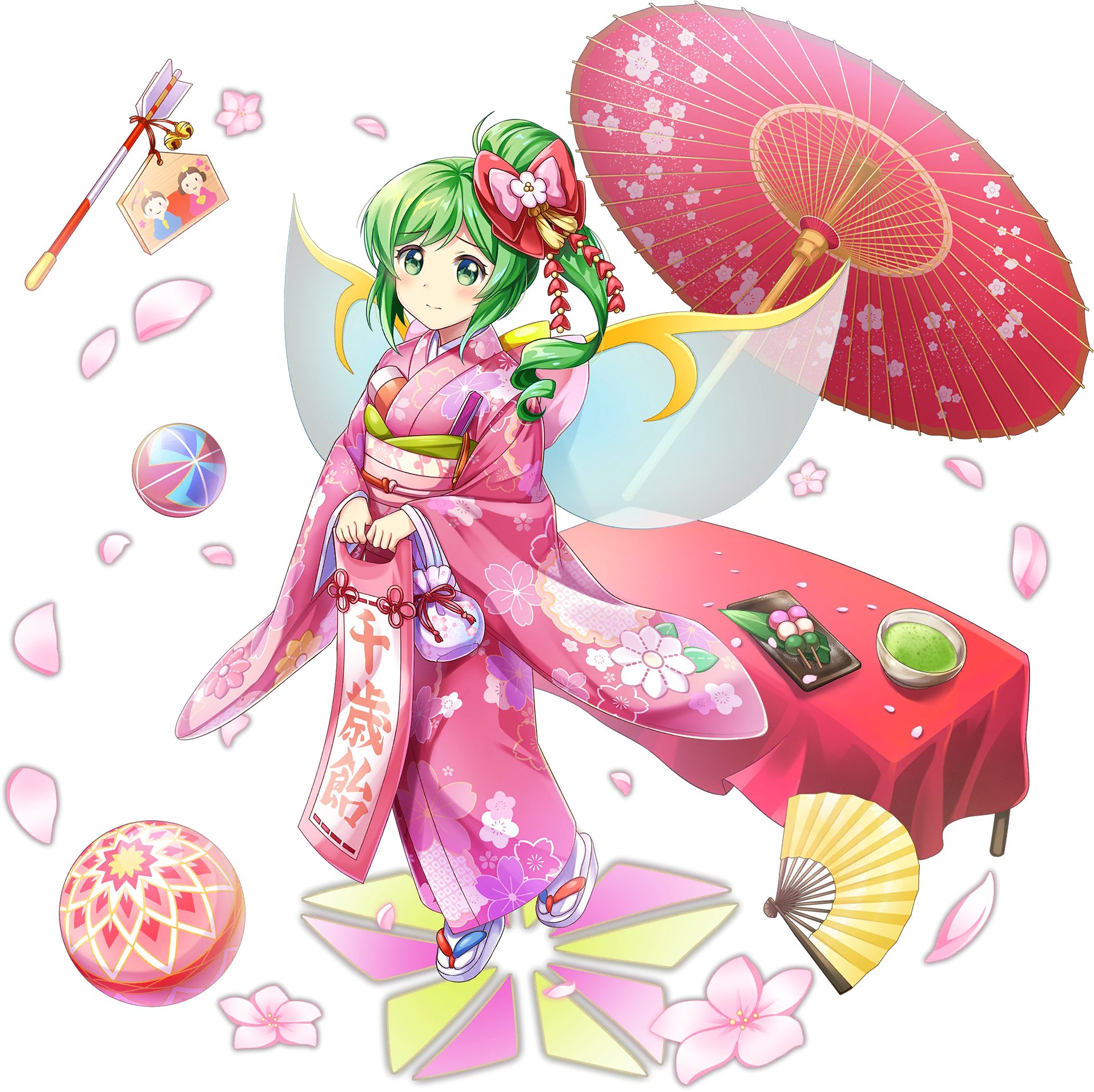 1girl alternate_costume alternate_hairstyle arrow_(projectile) ball banner blush bow bowl cherry_blossoms closed_mouth daiyousei daiyousei_(thousand-year_candy_of_longevity) dango drill_hair ema fairy fairy_wings falling_petals floral_print folding_fan food game_cg green_eyes green_hair green_tea hair_bow hair_bun hamaya hand_fan highres holding japanese_clothes kimono kinchaku long_sleeves looking_at_viewer obi obiage obijime official_art oil-paper_umbrella petals pink_kimono pink_petals plate ponytail pouch print_kimono rotte_(1109) sandals sanshoku_dango sash single_hair_bun socks solo table tablecloth tareme tea temari_ball third-party_source touhou touhou_lostword translation_request transparent_background transparent_wings umbrella wagashi white_sandals white_socks wide_sleeves wings