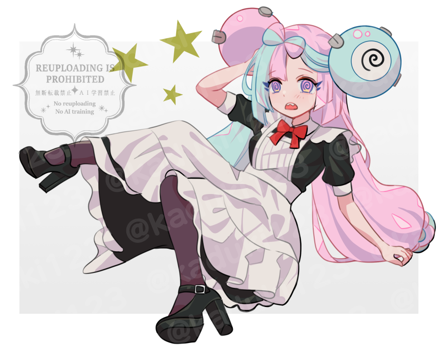 1girl @_@ apron bow bow-shaped_hair breasts character_hair_ornament dizzy dress frills game_freak gen_1_pokemon hair_ornament iono_(pokemon) jacket long_hair magnemite maid maid_apron maid_headdress mizuiro123 multicolored_hair nintendo open_mouth pink_hair pokemon pokemon_sv puffy_sleeves ribbon sharp_teeth shirt short_sleeves teeth thighhighs two-tone_hair white_apron