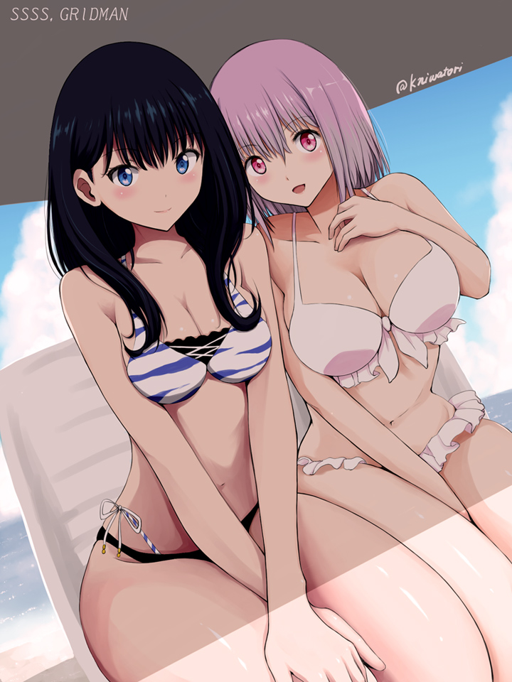 10s 2girls beach between_legs bikini black_hair blue_eyes blush breasts chair cleavage copyright_name curvy day frilled_bikini frills gridman_universe hand_between_legs hand_on_own_chest large_breasts long_hair looking_at_viewer lounge_chair medium_breasts multiple_girls navel niwatori_kokezou open_mouth outdoors purple_eyes purple_hair shinjou_akane short_hair side-by-side side-tie_bikini_bottom sitting sky smile ssss.gridman string_bikini swimsuit takarada_rikka thick_thighs thighs white_bikini wide_hips