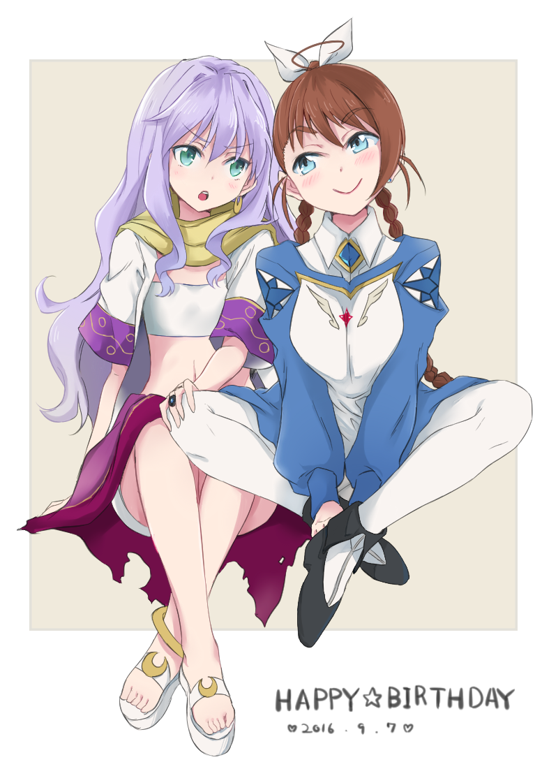 ahoge arika_yumemiya blue_eyes blush braid brown_hair dated earrings happy_birthday jewelry long_hair maromi_(am97) mashiro_blan_de_windbloom midriff my-otome ring sandals scarf school_uniform smile twin_braids twintails